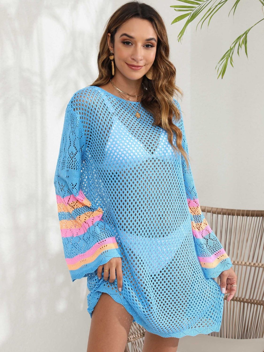 Openwork Contrast Long Sleeve Cover-Up