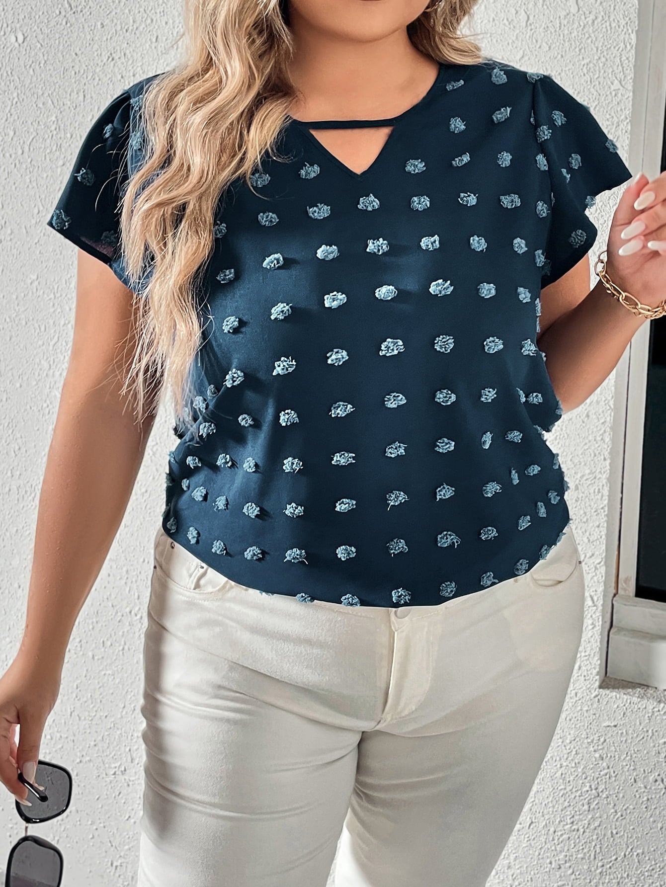 Plus Size Swiss Dot V-Neck Flutter Sleeve Tee