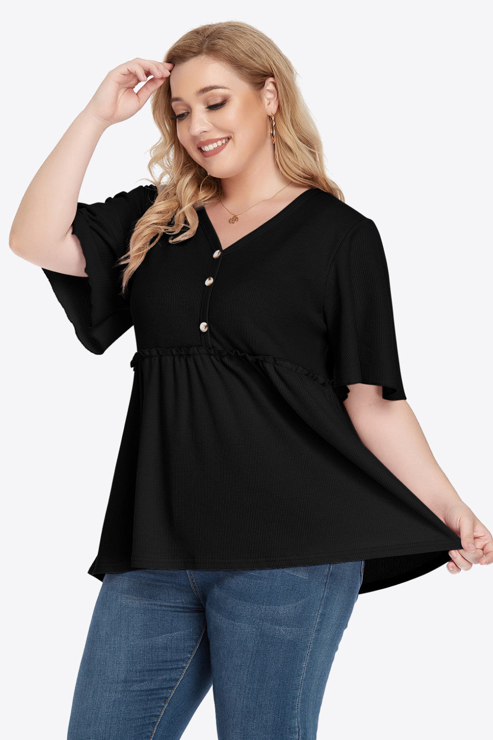 Plus Size Buttoned V-Neck Frill Trim Babydoll Blouse