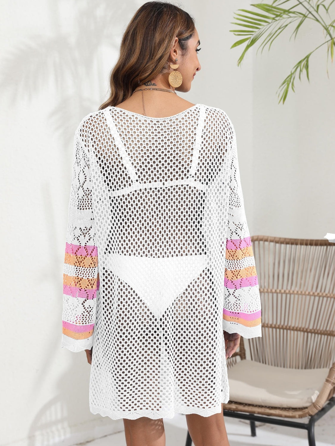 Openwork Contrast Long Sleeve Cover-Up