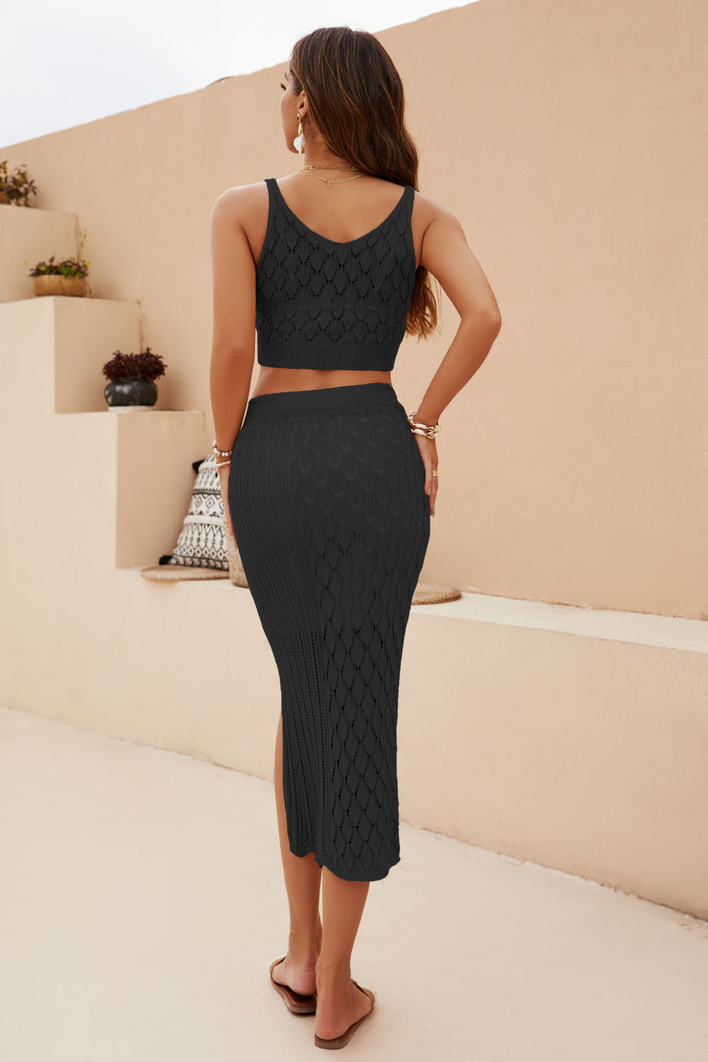 Openwork Cropped Tank and Split Skirt Set