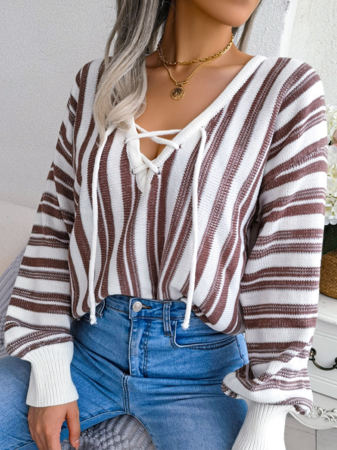 Striped Lace-Up Long Sleeve Sweater